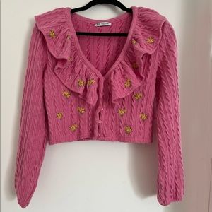 Ruffled floral cable knit cardigan